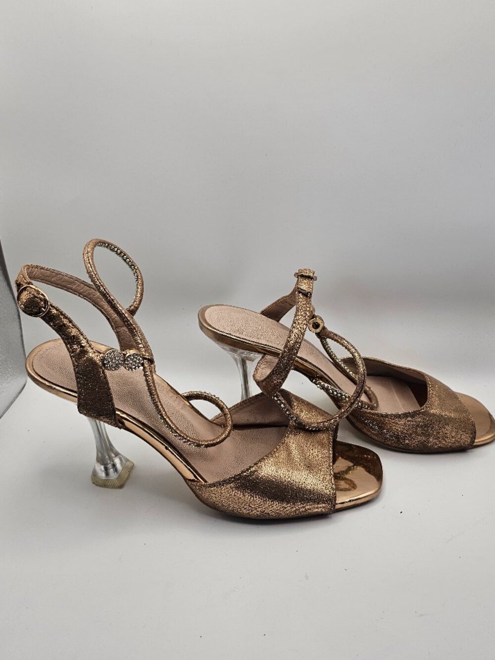 Patrizia by Spring Step “Tioanna” Rose Gold Rhinestone Clear‑Heel Sandals, Sz 6 - Picture 2 of 6